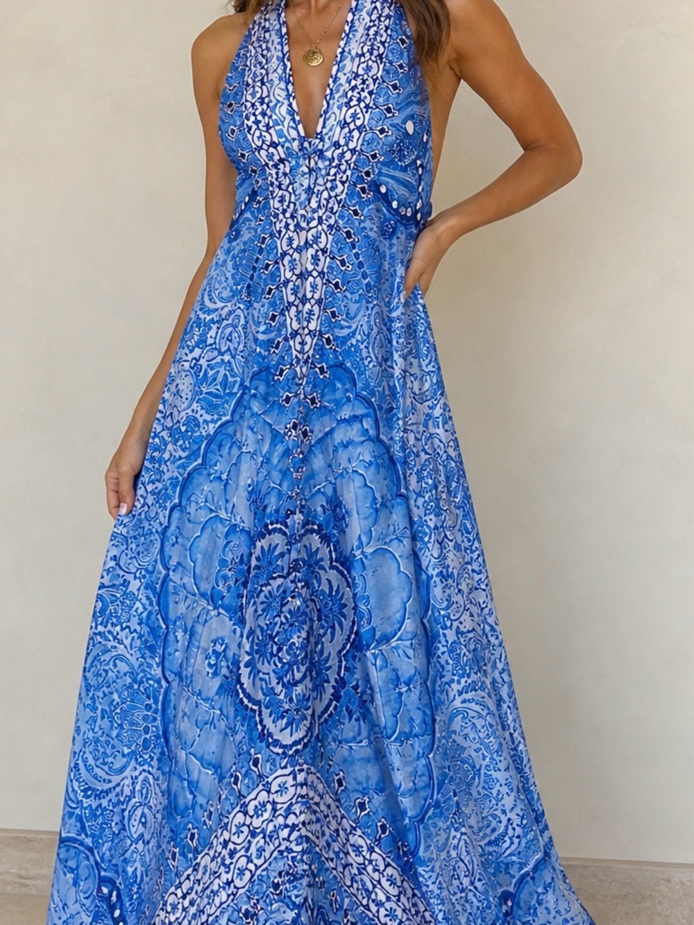 Blue Paisley Maxi Dress /silky long dress